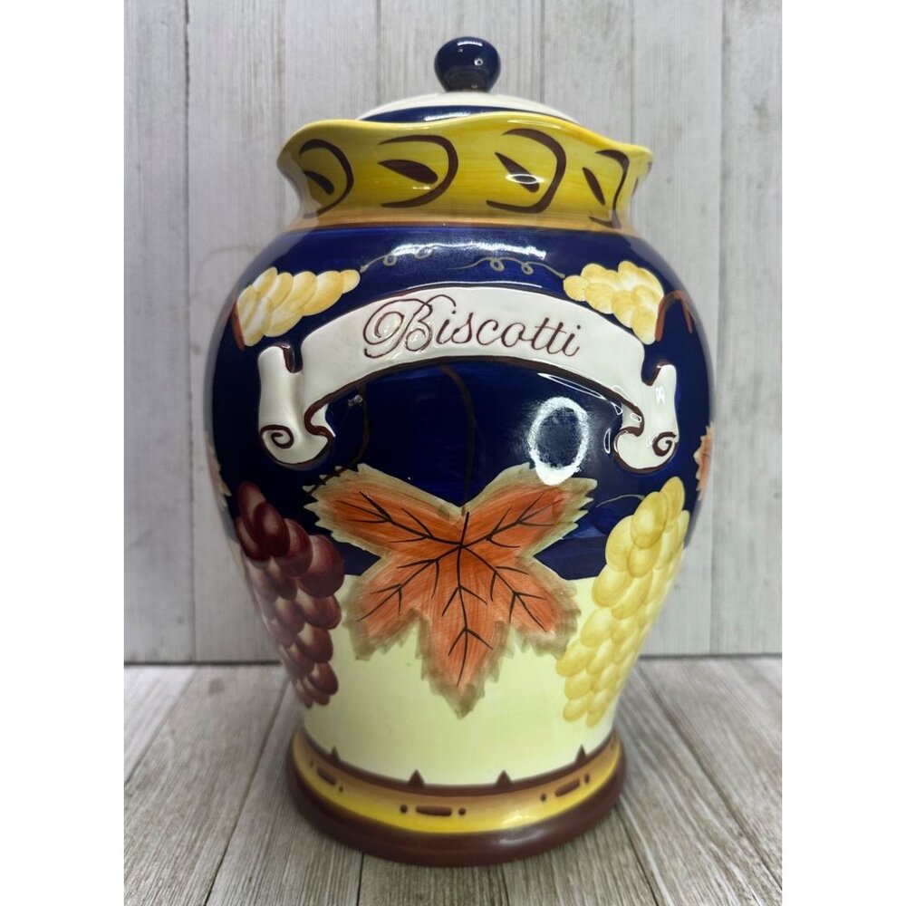 Vtg Cobalt Blue 11" Tall Cookie Jar BISCOTTI Canister Fall Leaves French Country